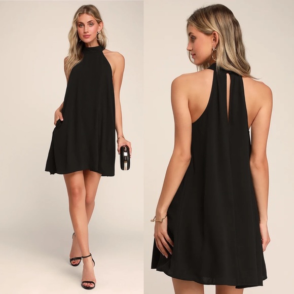 Lulus Dresses & Skirts - Lulus Dress Size Small Black Swing Halter Keyhole Back Pockets Wedding Guest NEW